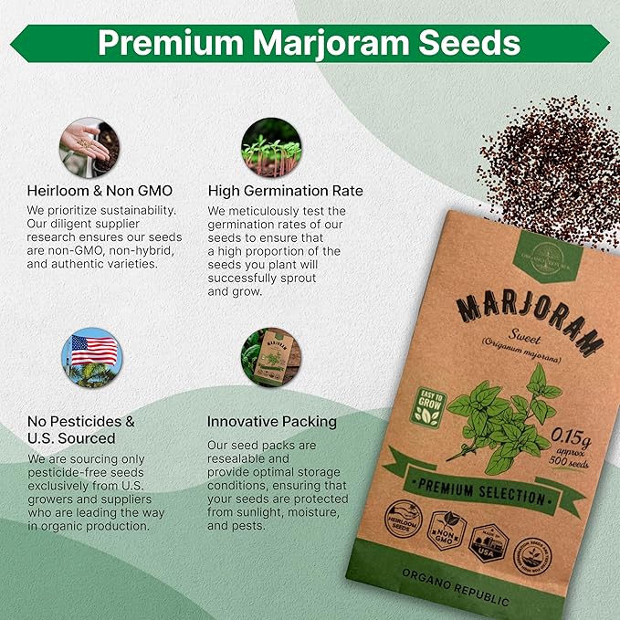 Marjoram Seeds Pack 0.15 G - Over 500 Non-GMO Heirloom Marjoram Seeds for Planting Herbs in Individual Seed Packet, Herbs Seeds for Planting Home Garden Indoor & Outdoor Gardening