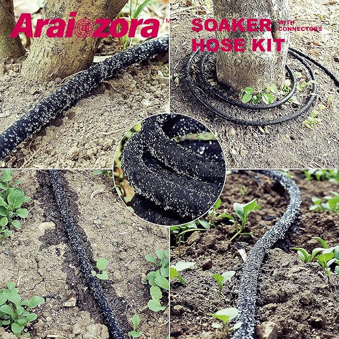 Soaker Hose 100 FT For Garden Beds,Heavy Duty Solid Brass Connector 1/2“ Ruber Drip Irrigation Kit with Hose Stakes&Connector Set for Flower Bed&Yard,Landscaping