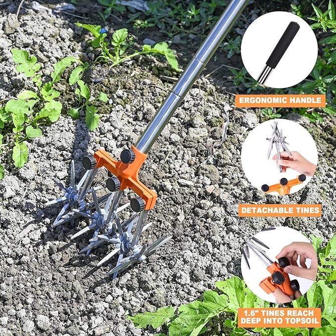 Rotary Cultivator Garden Rotary Tiller Adjustable Stainless Steel Poles Hand Tiller for Soil Mixing or Reseeding Grass Lawn Tiller Total Length 57 Inch.