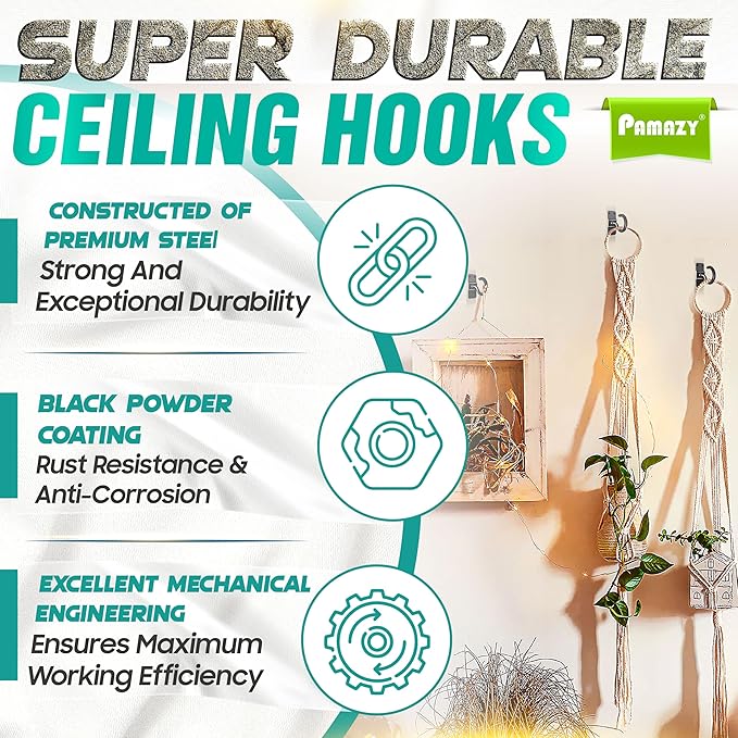 [Upgraded] 8Pcs 200LBS Rotatable Ceiling Hooks with 4 Screw Points Plate Base, Black Wall Mount Metal Hanger for Hanging Plants, Bird Feeders, Lanterns, Lights, Wind Chimes, Indoor Outdoor Decor