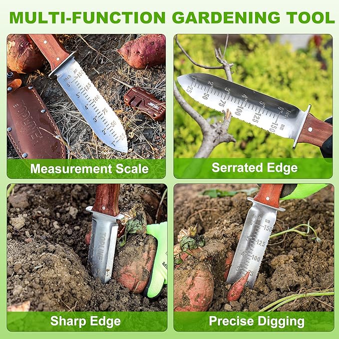 Topline Hori Hori Garden Knife, Double-edge Stainless Steel Blade, Garden Knife with Leather Sheath for Digging, Weeding, Planting, Hori Hori Knife with Sharpener, Sharpening Stone Included