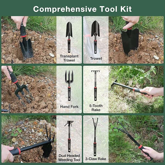 Gardening Tools Set, 6 Pieces Heavy Duty Rust-Proof Gardening Tool Kit, Ergonomic Soft Rubber Handles, Includes Trowels, Rakes, Weeding Tool, and Hand Fork for Digging, Planting, Weeding
