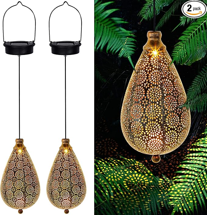 MAGGIFT 2 Pack Solar Hanging Lights, Solar Powered Decorative Retro Lantern with Handle, Warm White LED Christmas Garden Boho Flower Lights, Metal Drop Shape Waterproof Outdoor Yard Tree Fence Patio
