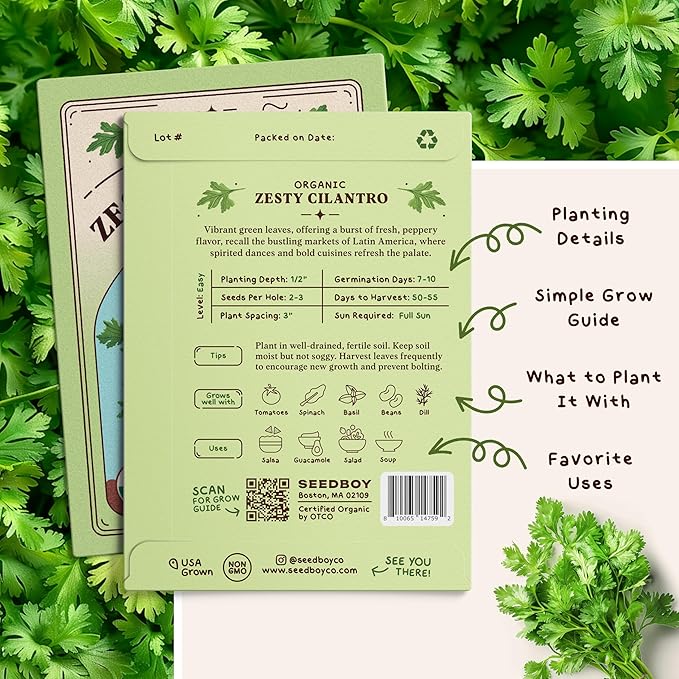Organic Cilantro 'Slow Bolt' Herb Seeds for Indoor Gardening or Planting Outdoors, Non-GMO and USDA Certified Herb Seed Packets, 350 Seeds/5 Grams (Cilantro)