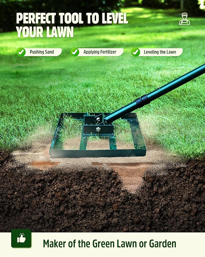 Lawn Leveling Rake,Stainless Steel Lawn Leveler with 17”x10” Ground Plate, 78” Adjustable Long Handle, Heavy Duty Level Lawn Tool for Grass, Golf Field, Level Soil or Dirt Ground Surfaces-Green