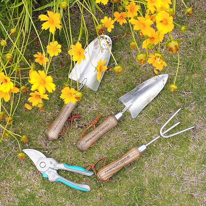 GOODSMANN Heavy Duty Garden Tools Stainless Steel Gardening Tools Set of 4 Includes Flower Garden Shovel Hand Trowel Weeding Cultivator with Wooden Handle and Garden Pruning Shears for Women/Men