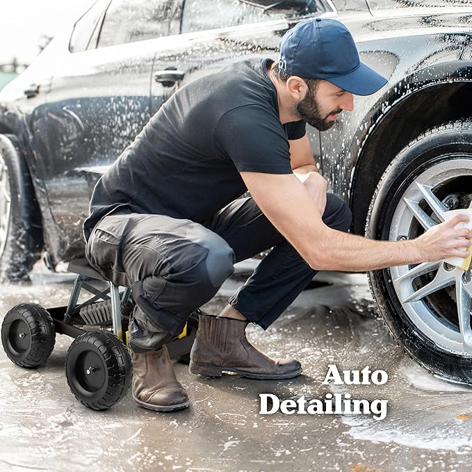 Pure Garden Gardening Stool - Rolling Garden Seat with Wheels and Storage Tool Tray - Garden Cart Scooter - Yard Tools (Black)