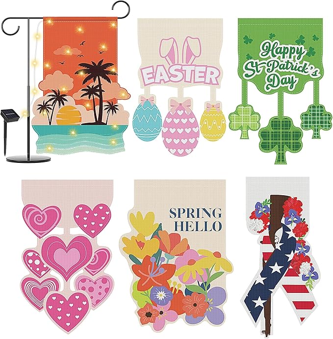6 Set Seasonal Garden Flags 8 Modes Solar LED Double Sided 12 x 18 Inch Small Yard Flag Outdoor Lighted Spring Summer Easter Memorial St. Patrick's Day Valentine Garden Decor for All Seasons
