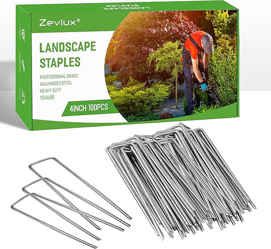 Landscape Staples 4 Inch 100pcs 11 Gauge Garden Stakes, Heavy Duty Galvanized Garden Staple for Fences, Lawns, Weed Barriers, and Landscape Fabrics, Netting, Irrigation Hose, Floor Mats