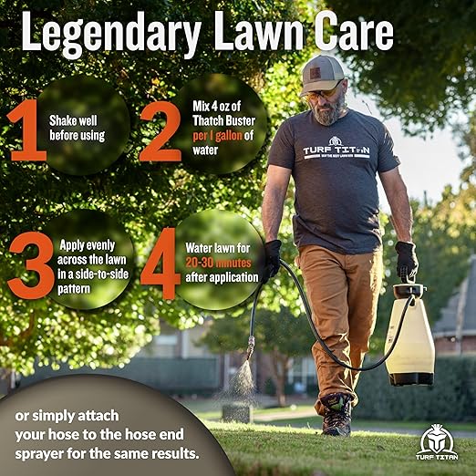Turf Titan Thatch Buster All-Natural Lawn Aerator & Grass Dethatcher - Hose End Liquid Soil Loosener & Conditioner for Green Grass (32 oz), Healthy Soil in 45 Days - Covers 6,000 sq feet
