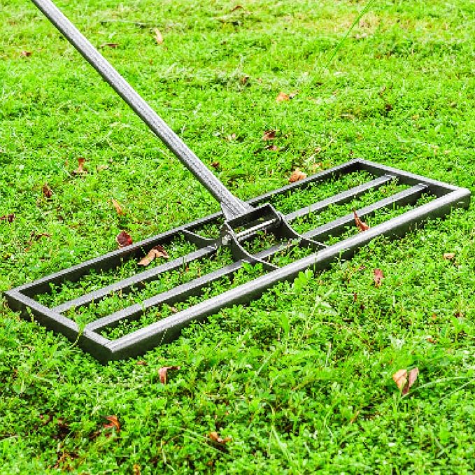 Lawn Leveling Rake with Rounded Edges, 30 x 10'' Leveling Rake with Tines for Soil, Heavy Duty Lawn Leveling Tool with 7FT Handle, Yard Leveling Rake for Farm, Garden, Backyard
