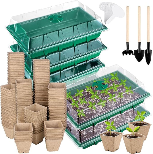 6 Pack Seed Starter Tray Kit with 120 Square Peat Pots for Seedlings, Including Plants Labels, Planting Tools, Growing Trays Plastic Germination Tray Paper Starter Pods for Plant Seeds, Green
