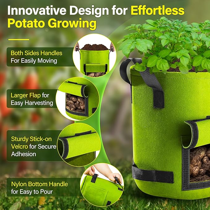 Suntee 6 Pack 15 Gallon Potato Grow Bags with Flap, Thickened Nonwoven Fabric Grow Bags for Growing Potatoes, Colorful Plant Grow Bags Pots Gardening Vegetable Potato Growing Bags with Durable Handles