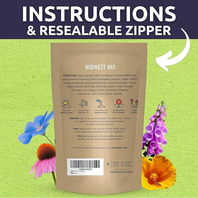 Midwest Regional Mix - Bulk 1/4 Pound Pouch - 60,000 Flower Seeds for Planting - Wildflower Mix
