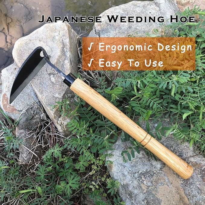 SHANFEEK Grass Sickle Japanese Weeding Hoe Garden Hand Tool Weeding Tools for Garden High-Strength Steel with Solid Wood Handle(Yellow)