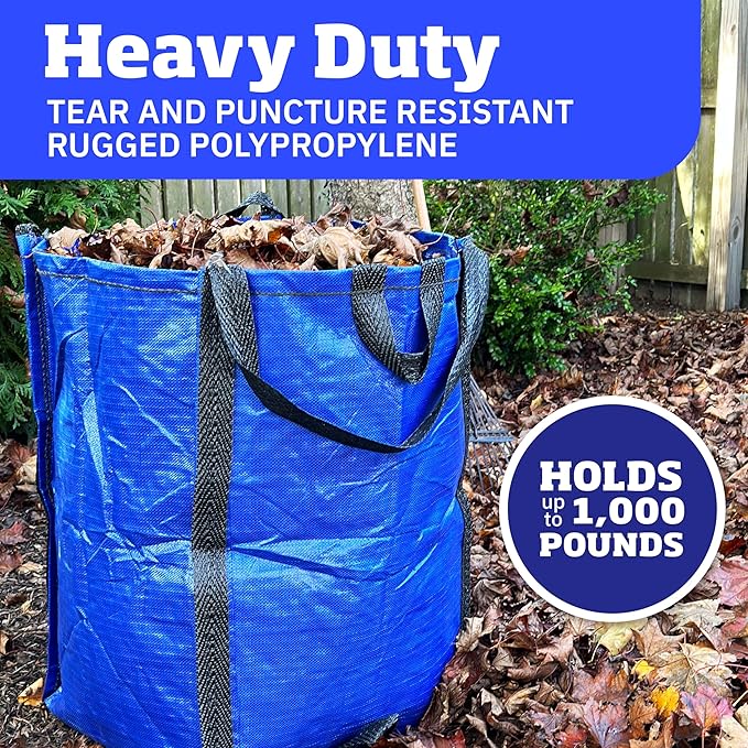DURASACK Heavy Duty Home and Yard Waste Bag 48-Gallon Woven Polypropylene, Reusable Lawn and Leaf Garden Bag with Reinforced Carry Handles, Pop-Up Self-Standing Garbage Can, Blue
