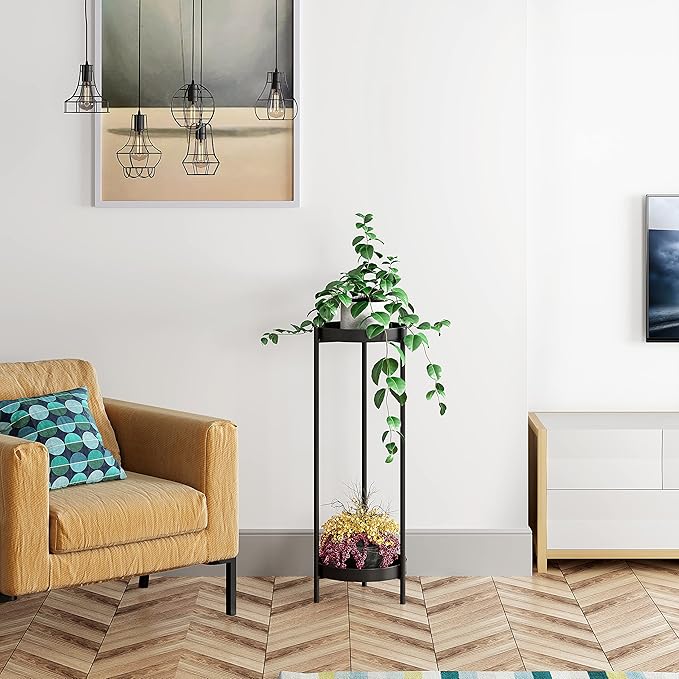 2 Tier Metal Flower Plants Holder, with 2 Removable Display for Indoor or Outdoor,Pot Plant Planter Display (Black 2P)