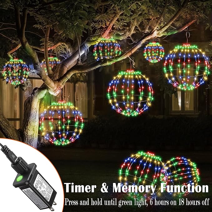 Joomer 2 Pack Christmas Ball Lights, 12IN 120 LED Foldable Metal Sphere, Connectable Waterproof 8 Modes With Timer, Hanging Tree Globe for Holiday Christmas Decorations (Multicolor)