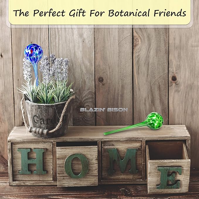Blazin' Bison Self Watering Bulbs for Plants | Automatic Vacation House Plant Water Globes | Decorative Hand-Blown Glass Aqua Globe | 2pc Deluxe Set (Large)