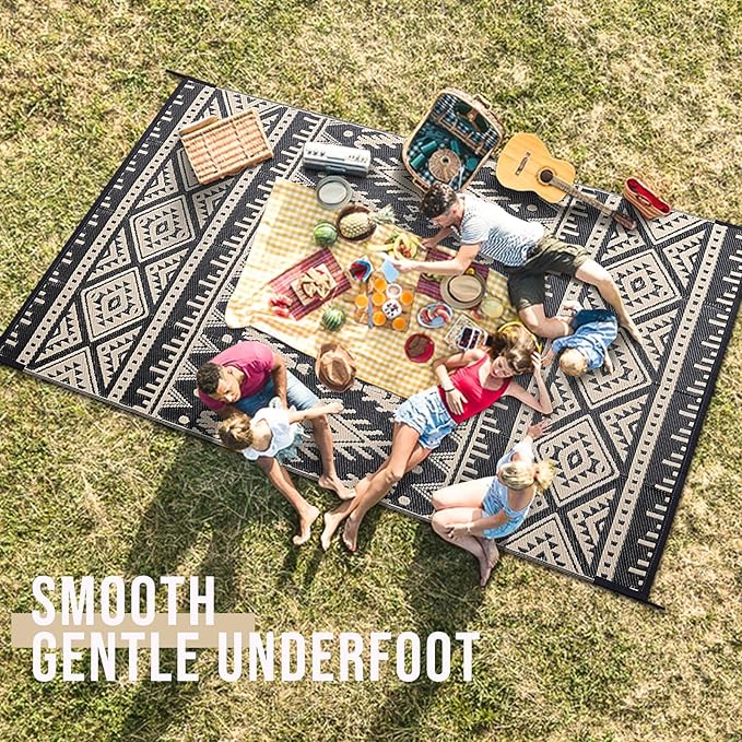 OLANLY Outdoor Rug Waterproof 9x18 ft, Reversible Outdoor Plastic Straw Rug, Boho Patio Rug, Indoor Outdoor Carpet, RV Mat Outside for Patio, Camp, Picnic, Balcony, Deck, Backyard, Black & Beige