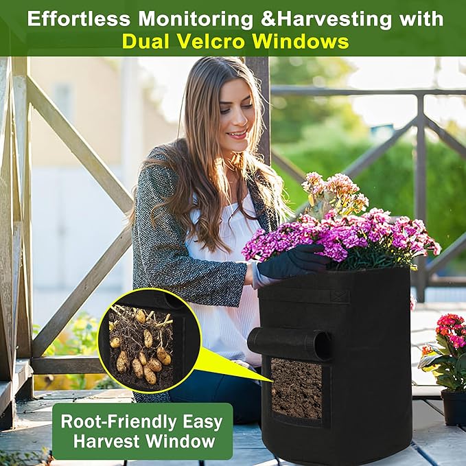 2-Pack 15-Gallon Grow Bags with 2 Flaps and Reinforced Handles,Non-Woven Potato Grow Bags, Heavy-Duty Thickened Aeration Fabric Pots for Potatoes, Tomatoes, Flowers, and Vegetables