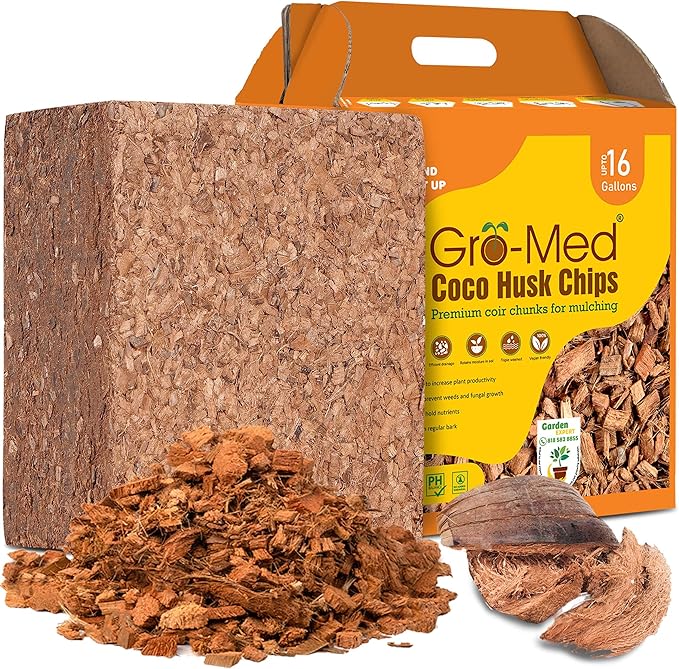 Gro-Med Coco Husk Chips Block 10lb Expands Upto 16 Gallons Coconut Chip Substrate, Coco Coir Husk Mulch for Gardening, Indoor, Outdoor Plants Orchid Bark Alternative - OMRI Listed, Low ECB alanced pH