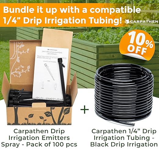 CARPATHEN Drip Irrigation Emitters Sprayer - 100 Black Drip Emitters for Irrigation Kit - ¼ Irrigation Tubing Compatible - 360 deg Adjustable Drippers for Drip Irrigation - Fit for Raised Garden Bed