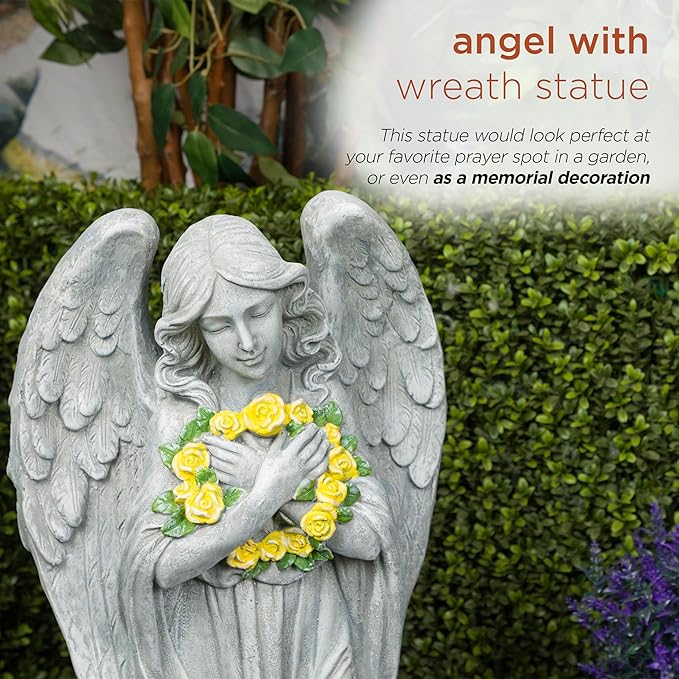 Alpine Corporation MCC832 Angel with Yellow Flower Wreath Statue, Meaningful Décor for Garden, Patio, & Lawn, 29" H, Multicolor