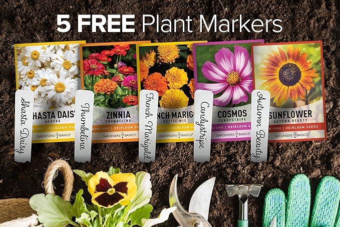 Gardeners Basics, Flower Garden Seeds for Planting Outdoors Flower Seeds (5 Variety Pack) Daisy, Marigold, Cosmos, Sunflower, Zinnia Varieties for Bees, Pollinators Wildflower Seed