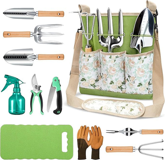 All-in-One Garden Tool Set, 11-Piece Heavy Duty Gardening Tools with Ergonomic Canvas Shoulder Crossbody Bag, Rust-Proof Premium Garden Tool Kit, Gardening Gift for Women Men
