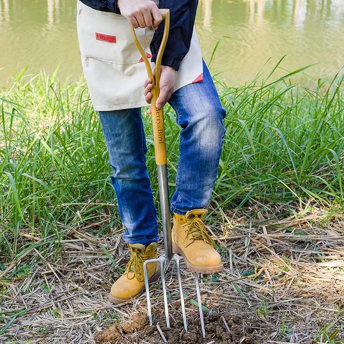 Berry&Bird Gardening Digging Fork, 4-Tine Stainless Steel Pitchfork, 43.9" Heavy Duty Spading Fork with D-Grip Handle and Ergonomic Ash Wood Handle for Digging, Planting, Cultivating, Aerating