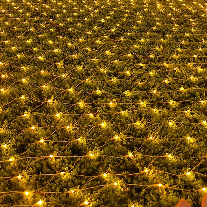 LJLNION Christmas Net Lights, 360 LED 12ft x 5ft Connectable Mesh Fairy String Lights,8 Modes Low Voltage Safe Adaptor for Xmas Trees, Bushes, Wedding, Outdoor Garden Decorations, Warm White