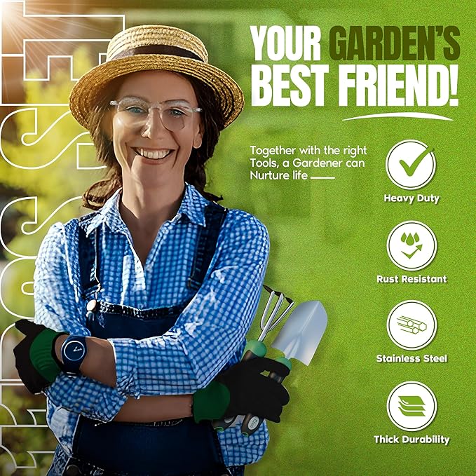KHETI Garden Tools Set for Gardening - 11 Pieces 2mm Heavy Duty Stainless Steel Includes Spade Shovel Perfect for Digging and Gardening, Garden Tool Kit, Ideal Gardening Tools for Women and Mothers