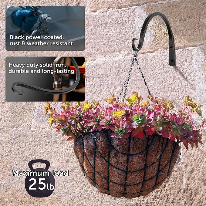 Worth Garden 6-Pack 10" Plant Hanger Bracket - Hand-Forged Wrought Iron Powder-Coated Heavy Duty Wall Hooks - Black Curved Plant Hanging Hooks for Bird Feeders, Flower Baskets, Indoor & Outdoor Use