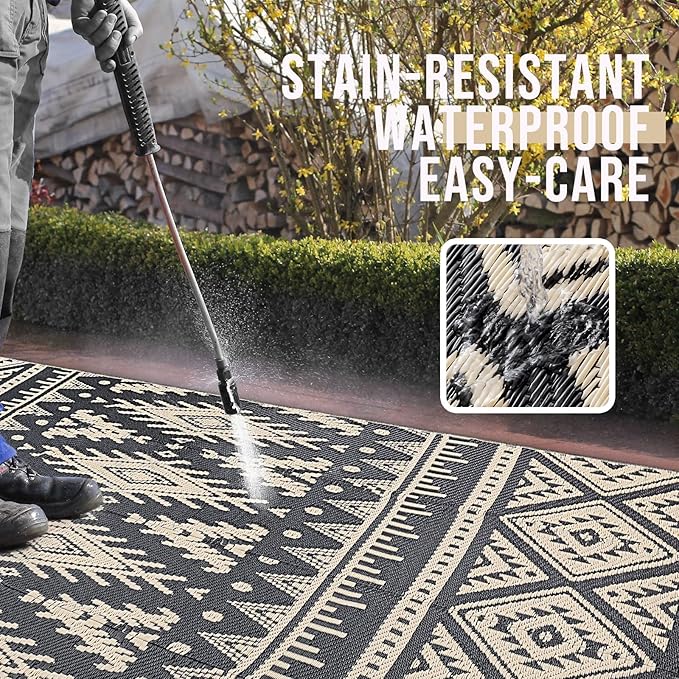 OLANLY Outdoor Rug Waterproof 5x8 ft, Reversible Outdoor Plastic Straw Rug, Boho Patio Rug, Indoor Outdoor Carpet, RV Mat Outside for Patio, Camp, Picnic, Balcony, Deck, Backyard, Black & Beige