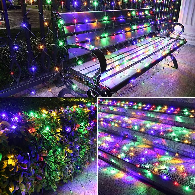 LYHOPE 12ft x 5ft 360 LED Christmas Net Lights, 8 Modes Low Voltage Green Wire Mesh Christmas Decorations Lights for Xmas Trees, Bushes, Wedding, Garden, Outdoor, Indoor Decor (Multicolor)