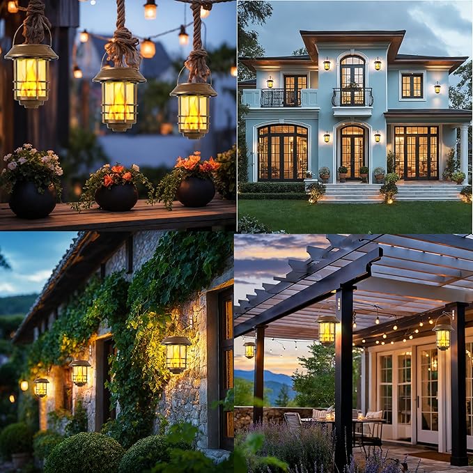 Otdair Solar Wall Lantern Outdoor, Flickering Flames Solar Sconce Lights Outdoor, Hanging Solar Lamps Wall Mount for Front Porch, Patio and Yard, 2 Pack, Yellow Bronze