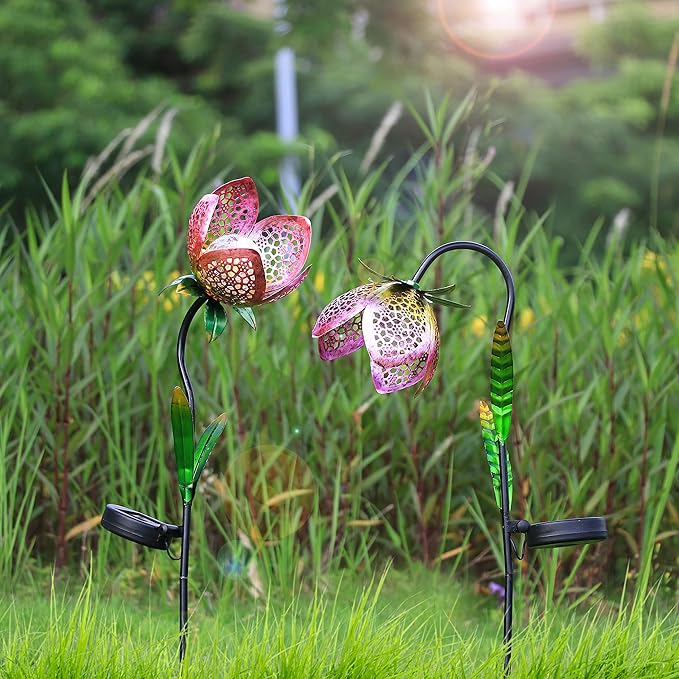 TERESA'S COLLECTIONS Flower Solar Outdoor Lights Garden Decor for Outside, 27-29.5'' Metal Tulip Yard Decorations Outdoor, Garden Stake Decorative for Porch Patio Decor, Set of 2, Gift for Christmas