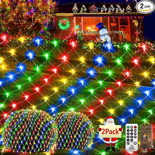 KNONEW 2-Pack 360 LEDs Christmas Net Lights 13ft x 9.8ft Outdoor Mesh Lights Connectable Waterproof 8 Modes & Timer Plug-in Net Fairy Lights for Bushes Garden Party Wedding Holiday,Multicolor