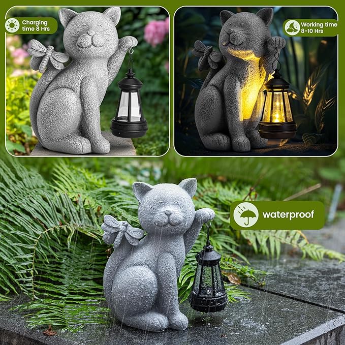 Solar Garden Outdoor Statues Cat with Solar Lantern,Outdoor Cat Figurines Decorations,Lawn Decor Rabbit Statue for Patio, Balcony, Yard Ornament,Unique Housewarming and Birthdays Gifts for Mom Women