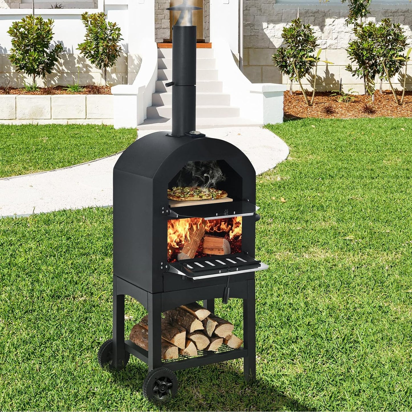 Happygrill Outdoor Pizza Oven Wood Fired, Portable Pizza Maker Grill w/Stone, Peel, Cooking Grids, Built-in Thermometer, Waterproof Cover, Wheels for Barbecue Backyard Camping