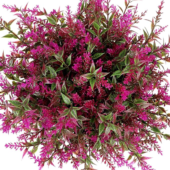 12 Bundles Artificial Lavender UV Resistant Plants Outdoor Faux Flowers Shrubs for Floral Arrangement, Table Centerpiece, Home Garden Decor (Fuchsia)