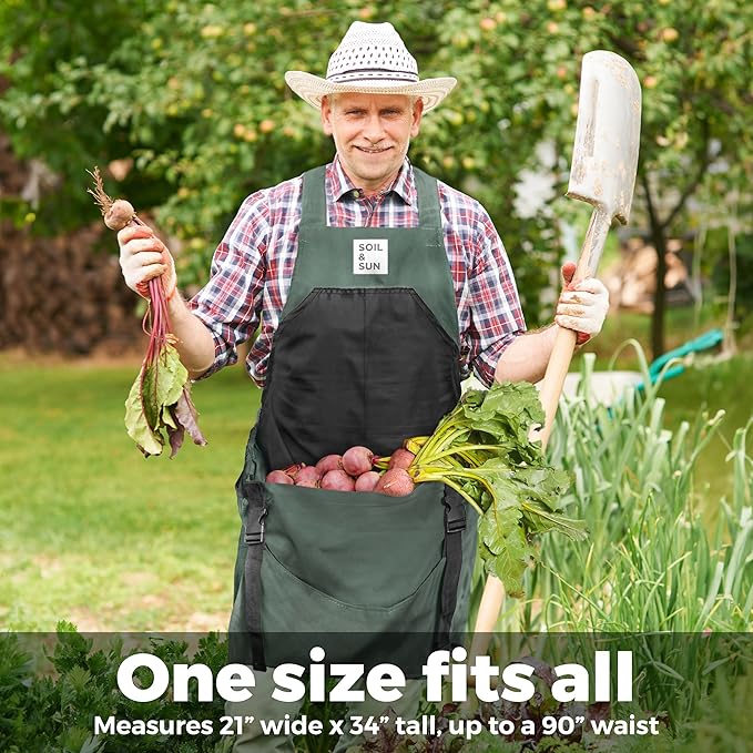 Soil & Sun Gardening Apron with Pockets and Harvesting Pouch - Durable Canvas Design for Men and Women - Convenient Tool Storage and Effortless Harvesting