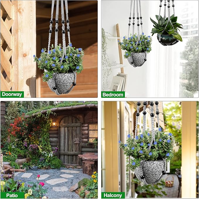 Macrame Plant Hanger for 5 to 10 Inch Plant Pots, Set of 2 Indoor Handmade 35 Inch Woven Rope Hanger Kits with Hooks and Wood Beads, Hanging Planter Basket Holder for Boho Home Decor (Grey, 2 Pack)