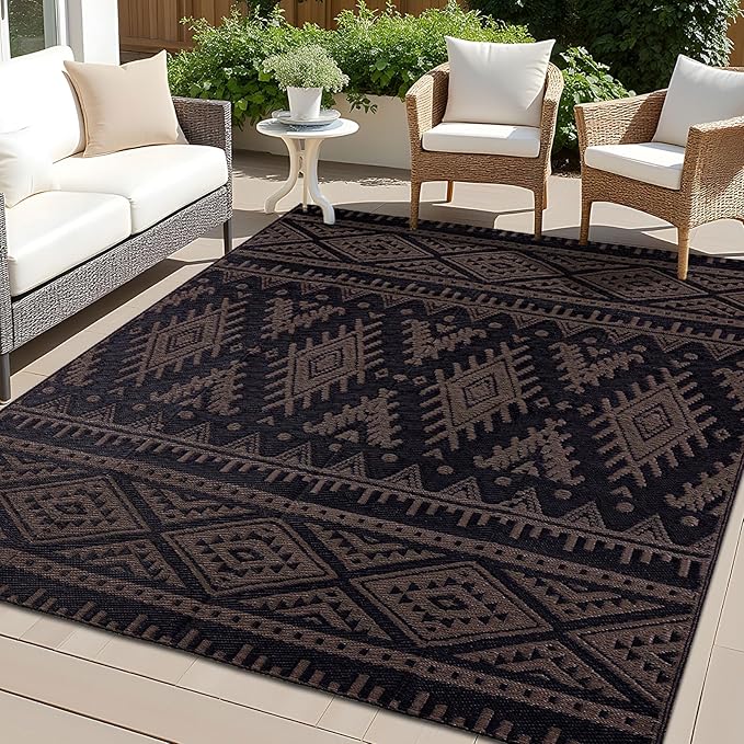 OLANLY Outdoor Rug Waterproof 5x8 ft, Reversible Outdoor Plastic Straw Rug, Boho Patio Rug, Indoor Outdoor Carpet, RV Mat Outside for Patio, Camp, Picnic, Balcony, Deck, Backyard, Black & Brown