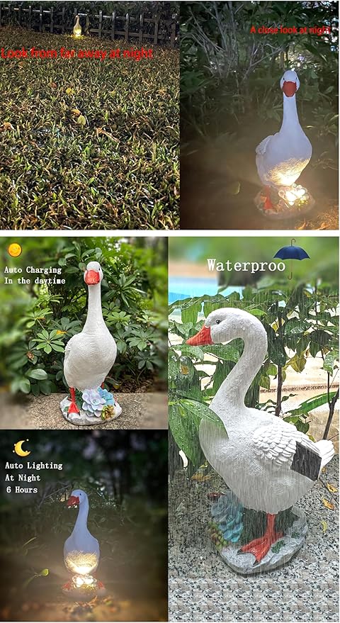 Resin GG Goose Statue with Solar Lights, Small Size, Garden Lawn Décor, Table Desk Corner Front Steps Decor, 12.9 inches Tall, White Duck, Indoor/Outdoor, by GGTown TM
