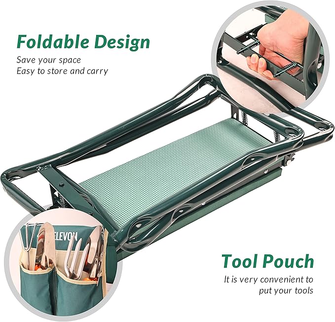 Elevon Portable Garden Kneeler and Seat Heavy Duty Garden Bench with 2 Large Tool Pouches Prevent Knee & Back Pain Folding Sturdy Gardening Tools Gifts for Gardeners
