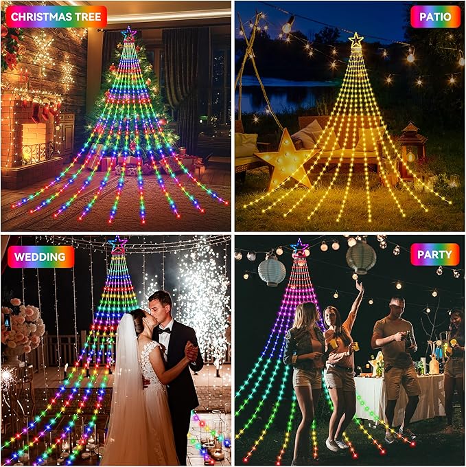 Christmas Decoration RGB String Lights, Outdoor Color Changing Christmas Lights 320 LED 16.4 Ft Star Tree Topper Fairy String Lights with 8 Light Modes for Christmas New Year Holiday Garden Yard