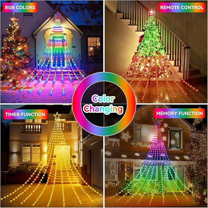 Christmas Decoration RGB String Lights, Outdoor Color Changing Christmas Lights 320 LED 11.5 Ft Star Tree Topper Fairy String Lights with 8 Light Modes for Christmas New Year Holiday Garden Yard