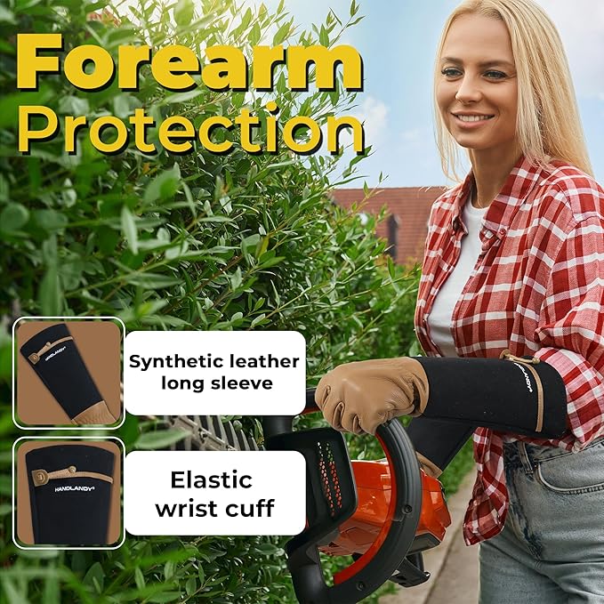 HANDLANDY Long Gardening Gloves for Men & Women, Cowhide Leather Rose Pruning Gloves, Breathable Thorn Proof Gauntlet Gloves (Brown-Cowhide, L)